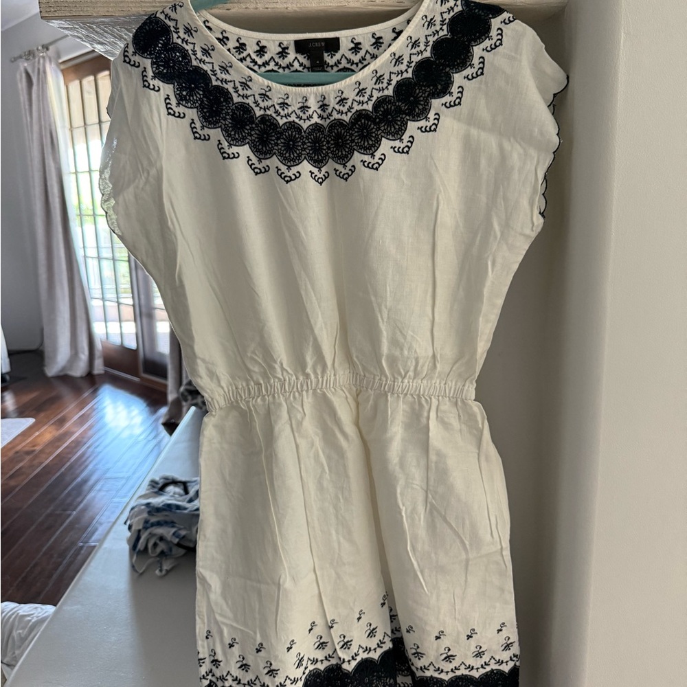 J. Crew White Dress with Navy Embroidered Yoke